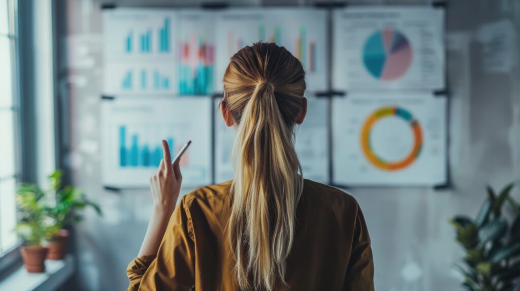 a woman looking at a board with data
