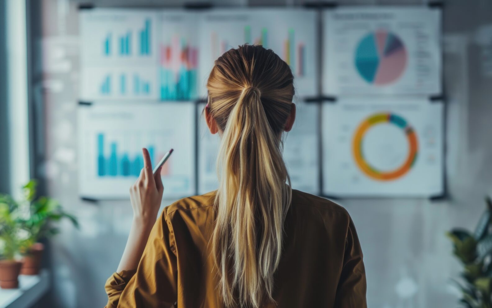 a woman looking at a board with data